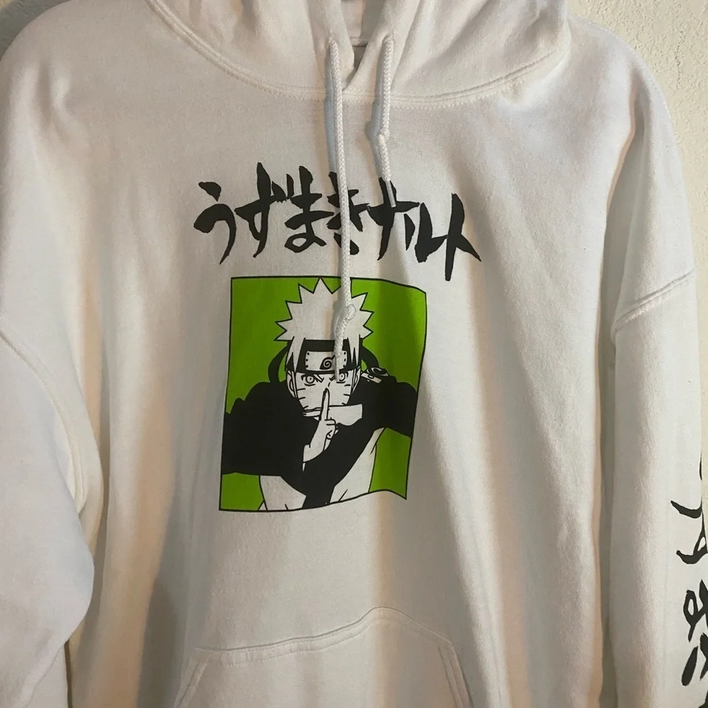 Naruto Shippuden Anime Manga Double Sided Graphic Hoodie White Sweatshirt L